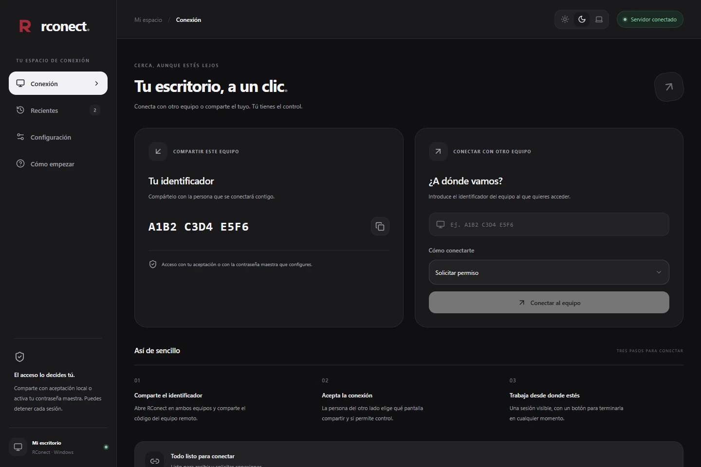 Interfaz oscura de RConect con un identificador de equipo y el campo para conectar a otro PC