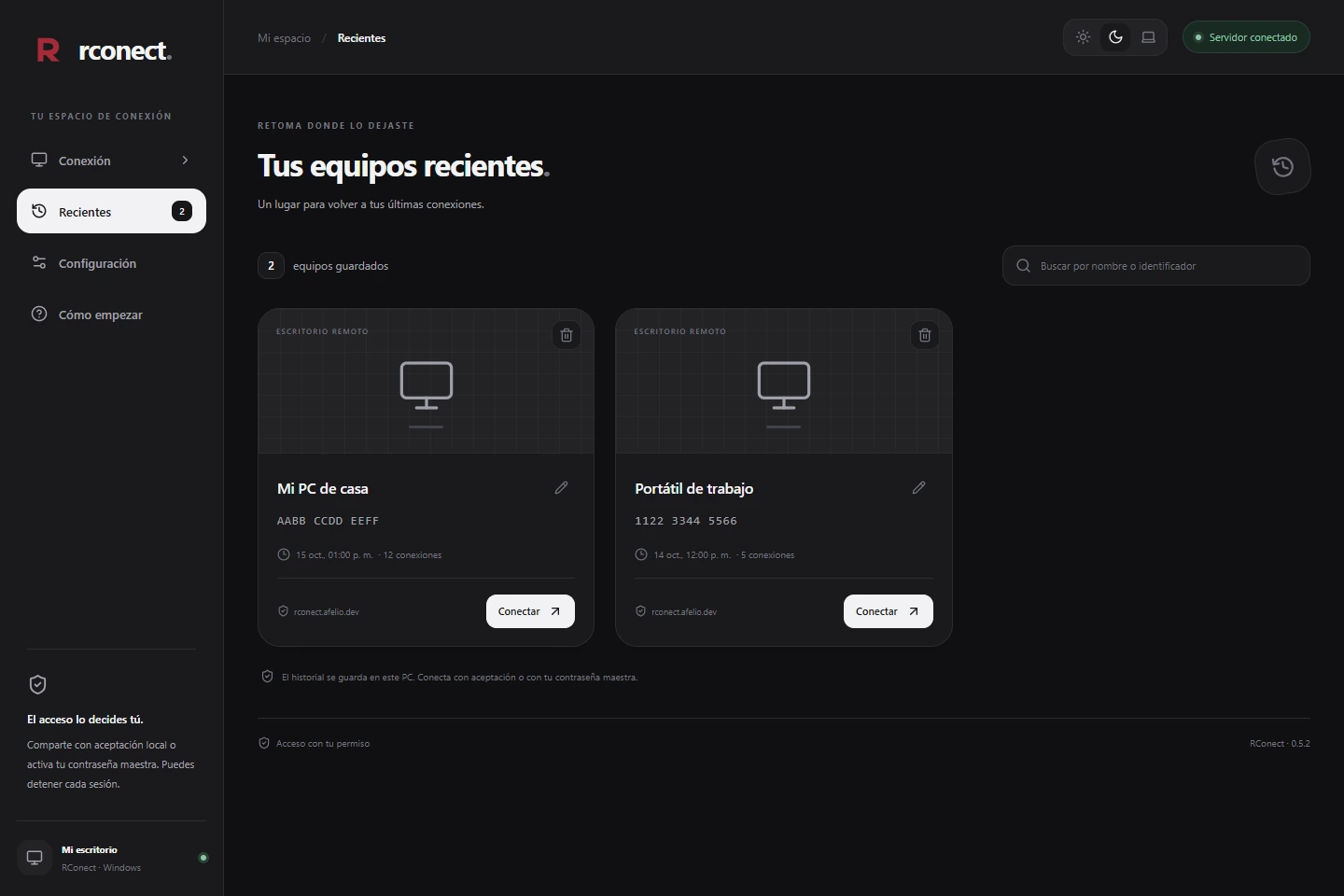 Cuadrícula de equipos recientes con nombres personalizados y botones para conectar